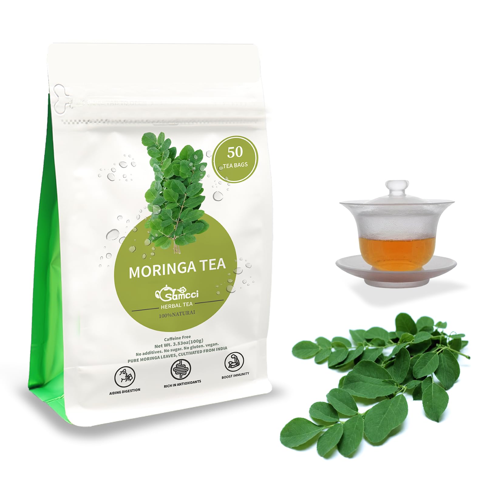 SAMCCI Moringa Tea - Herbal Tea for Digestion & Immune Support - 50 Tea Bags - Non-GMO, Vegan, Caffeine-Free