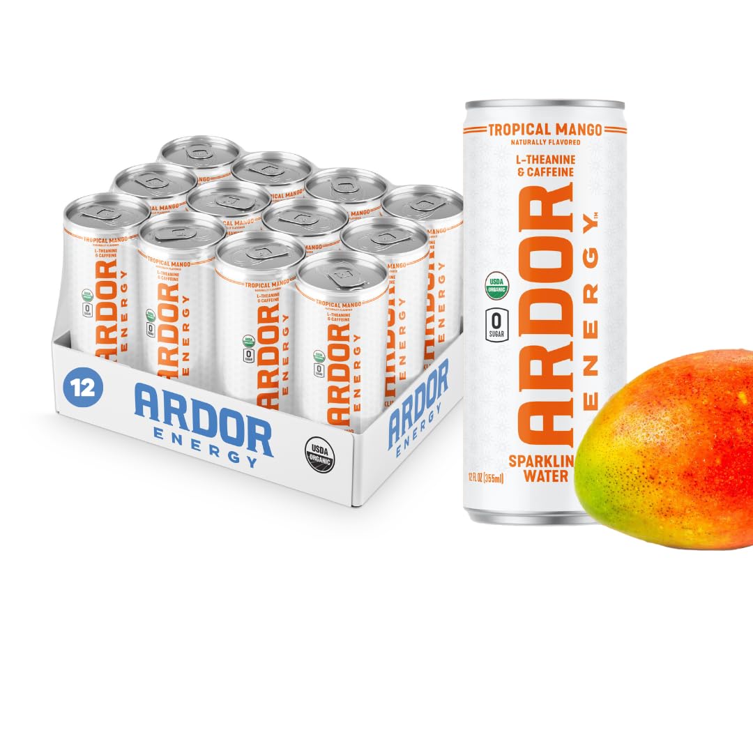 ARDOR ENERGY Sparkling Water Tropical Mango, 12 Fl Oz (Pack of 12), 100mg Organic Caffeine, No Sugar, Vegan, Gluten Free