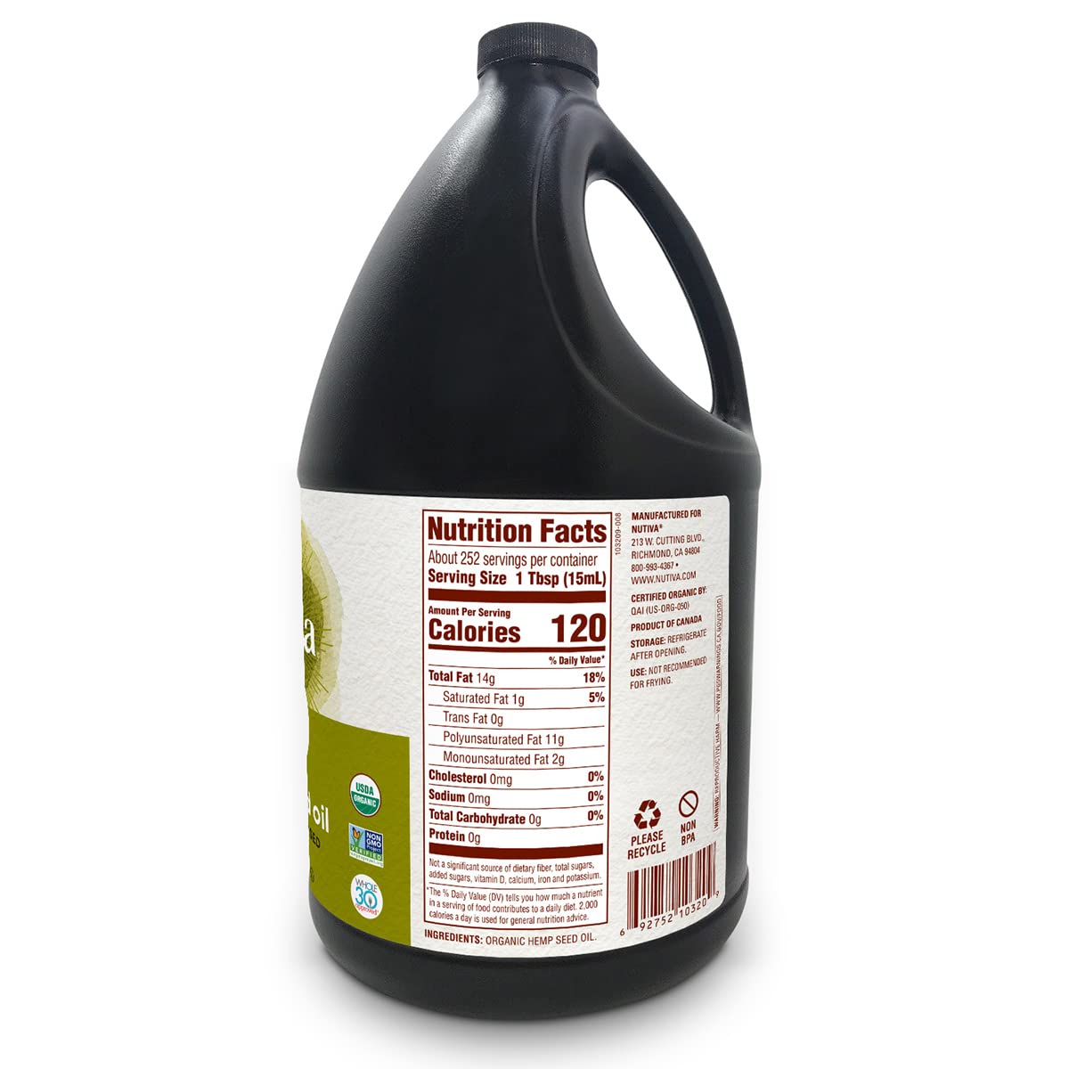Nutiva Organic Cold-Pressed Unrefined Raw Hemp Seed Oil, 1 Gallon, Usda Organic, Non-Gmo, Whole 30 Approved, Vegan, Gluten-Free & Keto, Rich In Omega 3 & 6 Fatty Acids