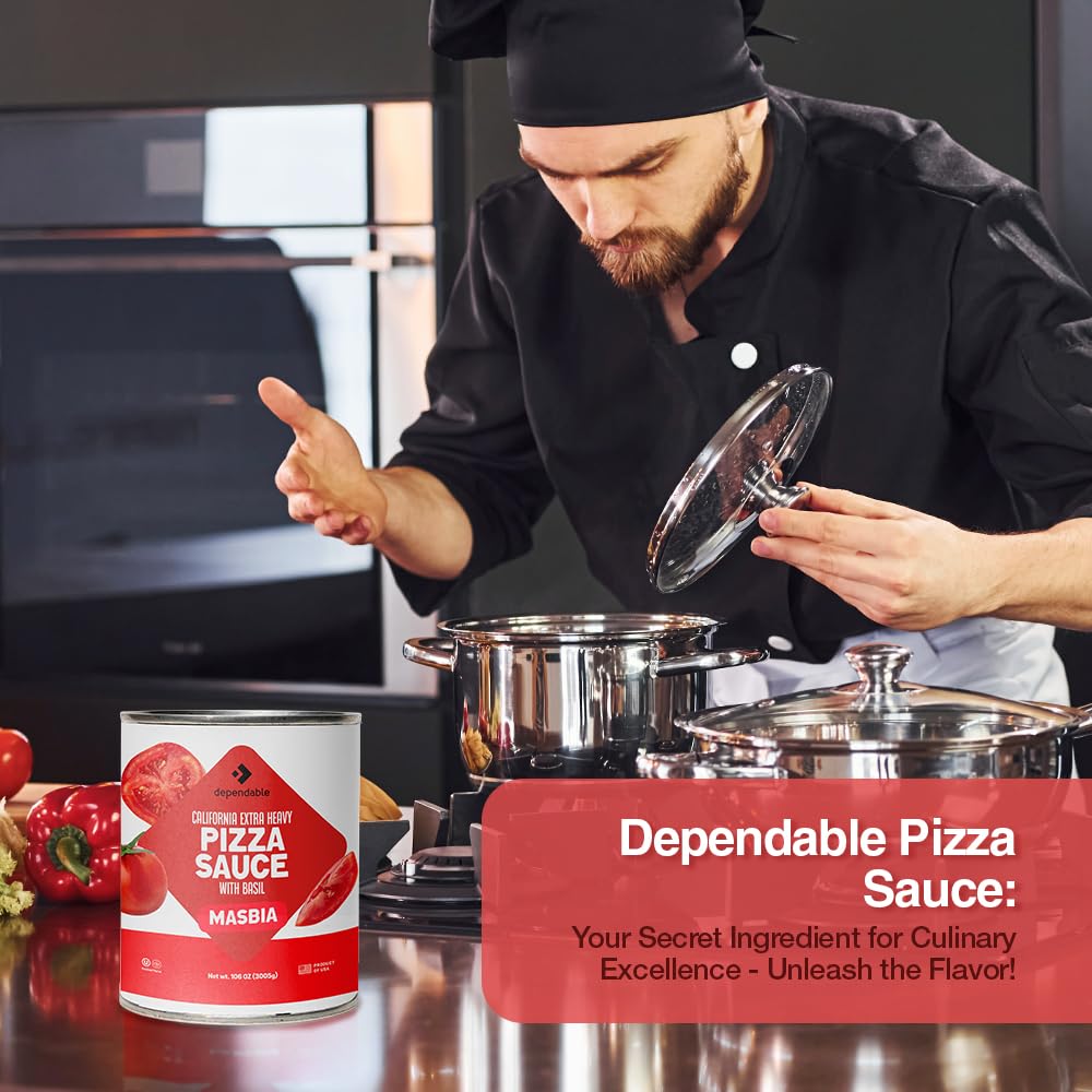Dependable Foods Pizza Sauce - 6.10 Lbs., 106 Oz.- Extra Heavy Pizza Sauce With Basil - Authentic California Vine To Bottle Blen
