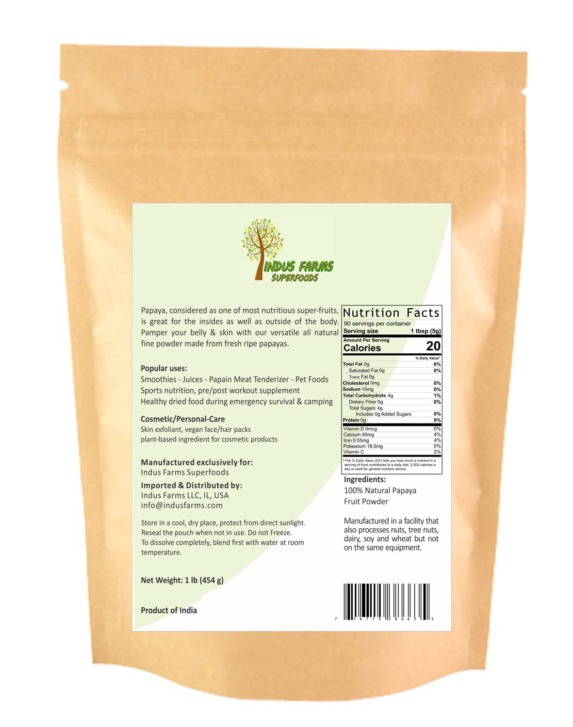 100% Natural Papaya Powder, 1 Lb, Eco-Friendly Resealable Pouch, No Artificial Flavors/Preservatives/Fillers, Halal, Vegan-Frien