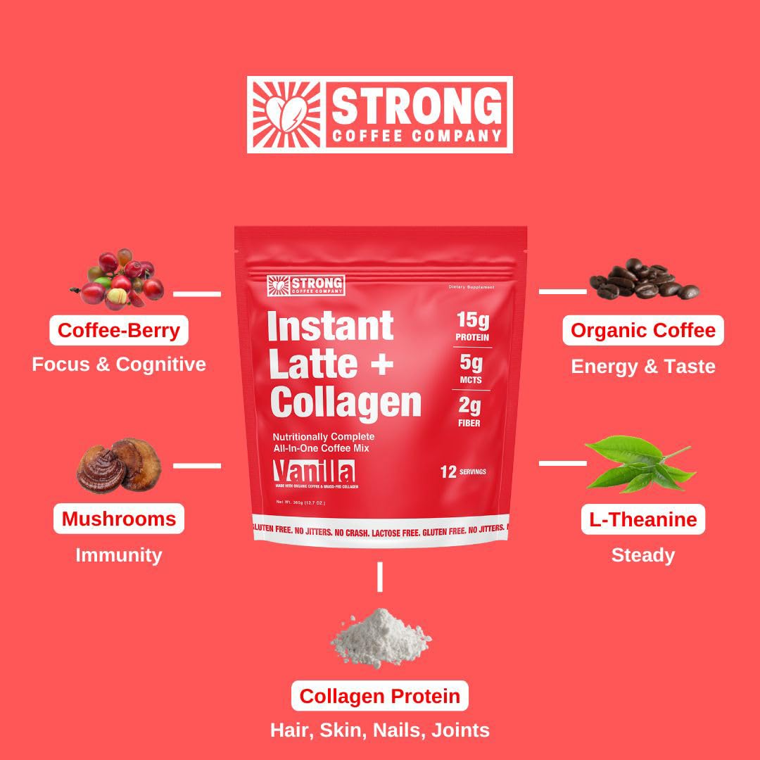 Strong Coffee Company, Morning Fix, Instant Vanilla Latte - 12 Single Serving Packs, 15G Protein, Instant Protein Coffee With Co