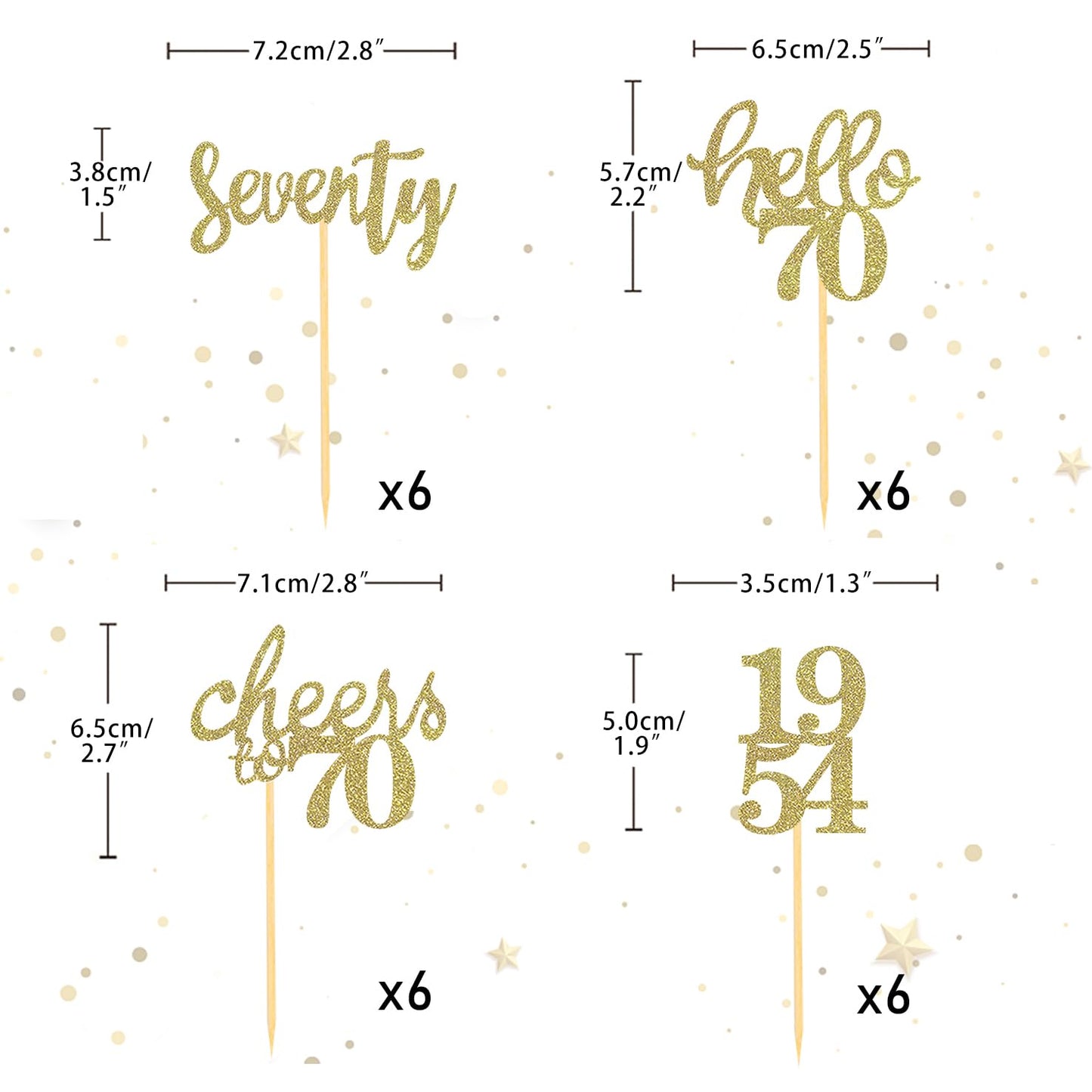 Moitkptt 24 Pcs Gold Glitter Cupcake Toppers for 70th Birthday Party Decorations, Model BIR70, Paper Material