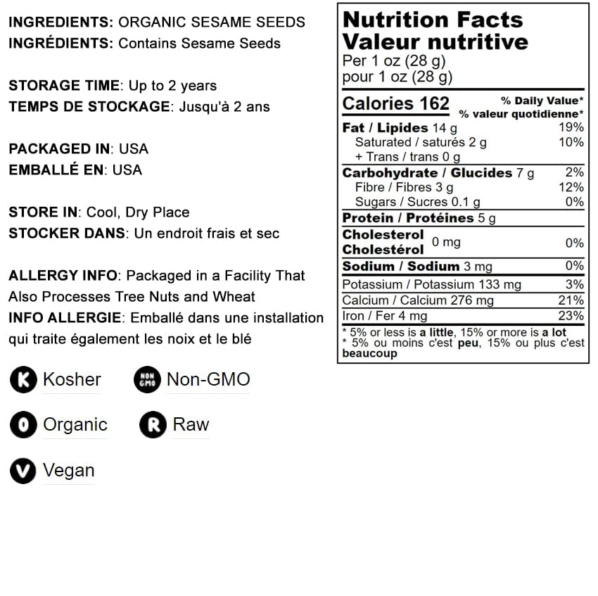 Food to Live Organic Hulled Sesame Seeds, 1 Pound - Whole Raw White Sesame Seeds, Non-GMO, Kosher, Vegan, Unroasted, Bulk. High