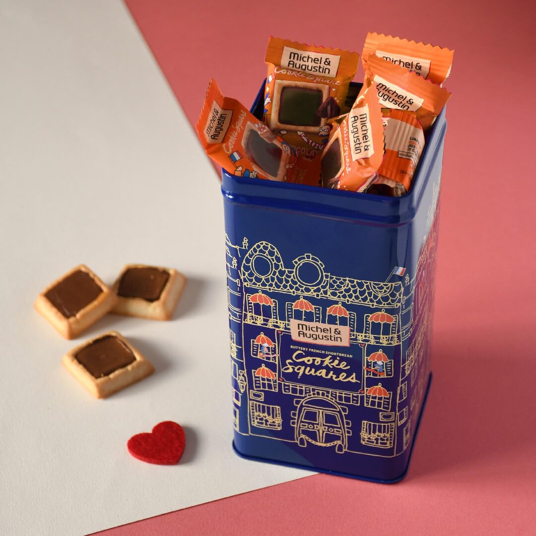 Michel Et Augustin Cookies Gift Tin, Individually Wrapped Snacks, Gourmet Milk Chocolate & Caramel Shortbread, Gift Basket, 40 F