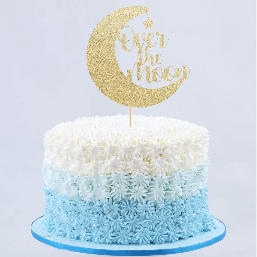 Over The Moon Cake Topper - Baby Shower, Gender Reveals Cake Top Hat, Birthday Party Decorations, Glitter Cardboard, Studio Phot