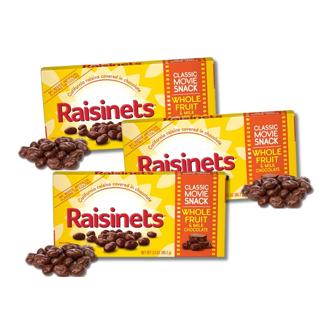 Milk Chocolate Raisinets - Classic Chocolate Covered Raisin Candies - Gift Pack Of 3, 3.1 Oz. Movie Theater Boxes By Lyzas Sweets &  
