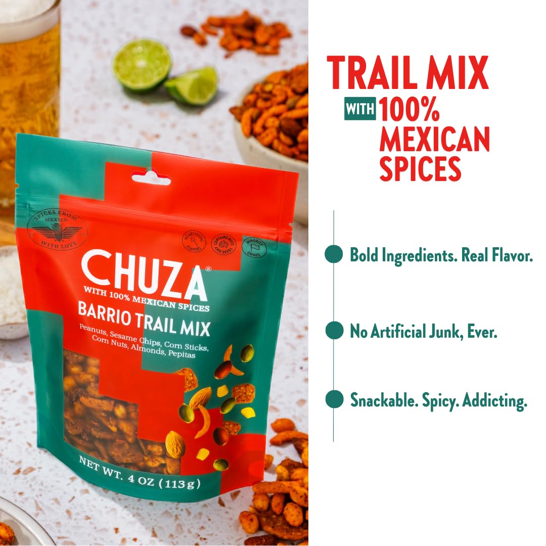CHUZA Barrio Trail Mix - Spicy Crunchy Snack with 100% Mexican Spices - Peanuts, Corn Nuts, Almonds, Pepitas, Corn Sticks & Sesa