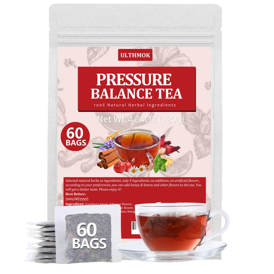 Top-Grade 60 Heart Functional Tea Bags  9 Natural Superherbs  Pressure Balance Tea  No Artificial Flavors & Energy Blend Free.