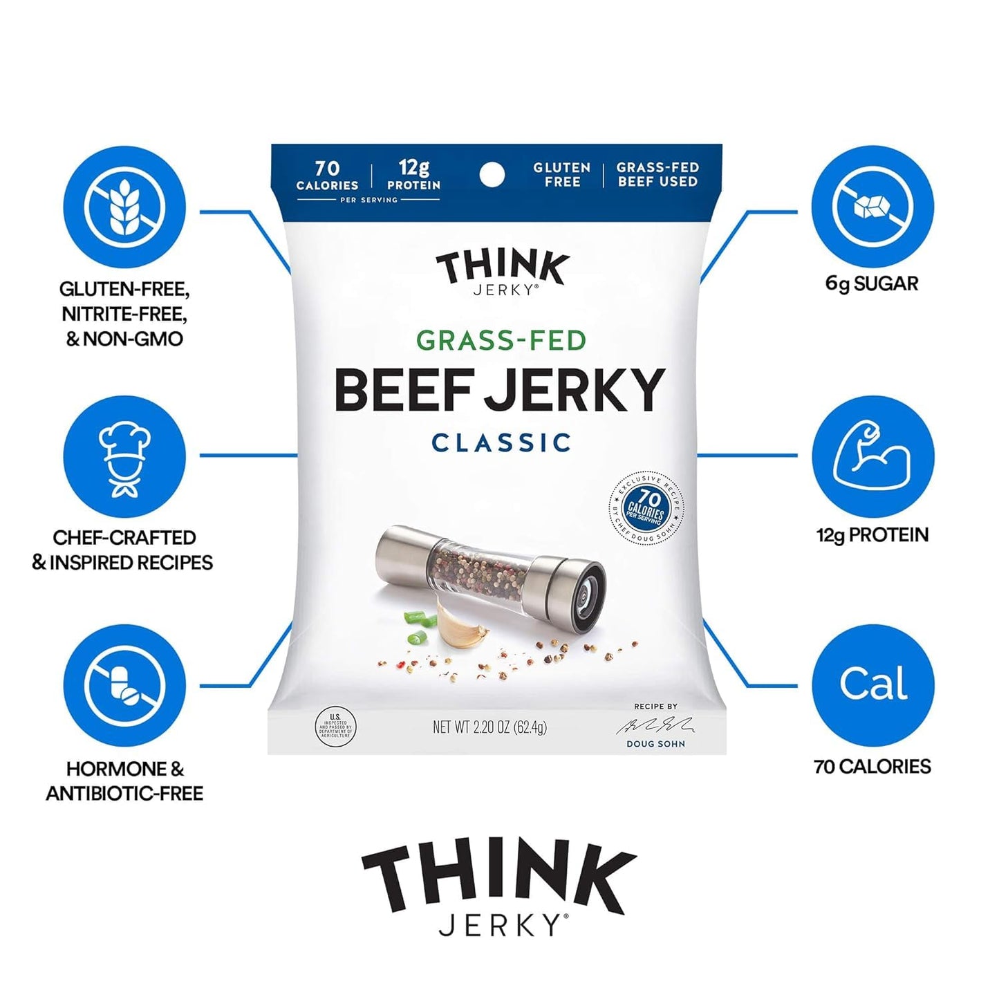 Think Jerky Classic Beef Jerky, Gluten-Free, Grass-Fed, Low Calorie, 2.2 oz Bags, 4 Pack