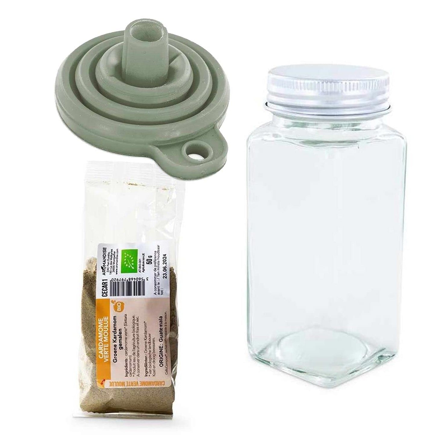 Spice bottle + funnel + ground green cardamom 50 g