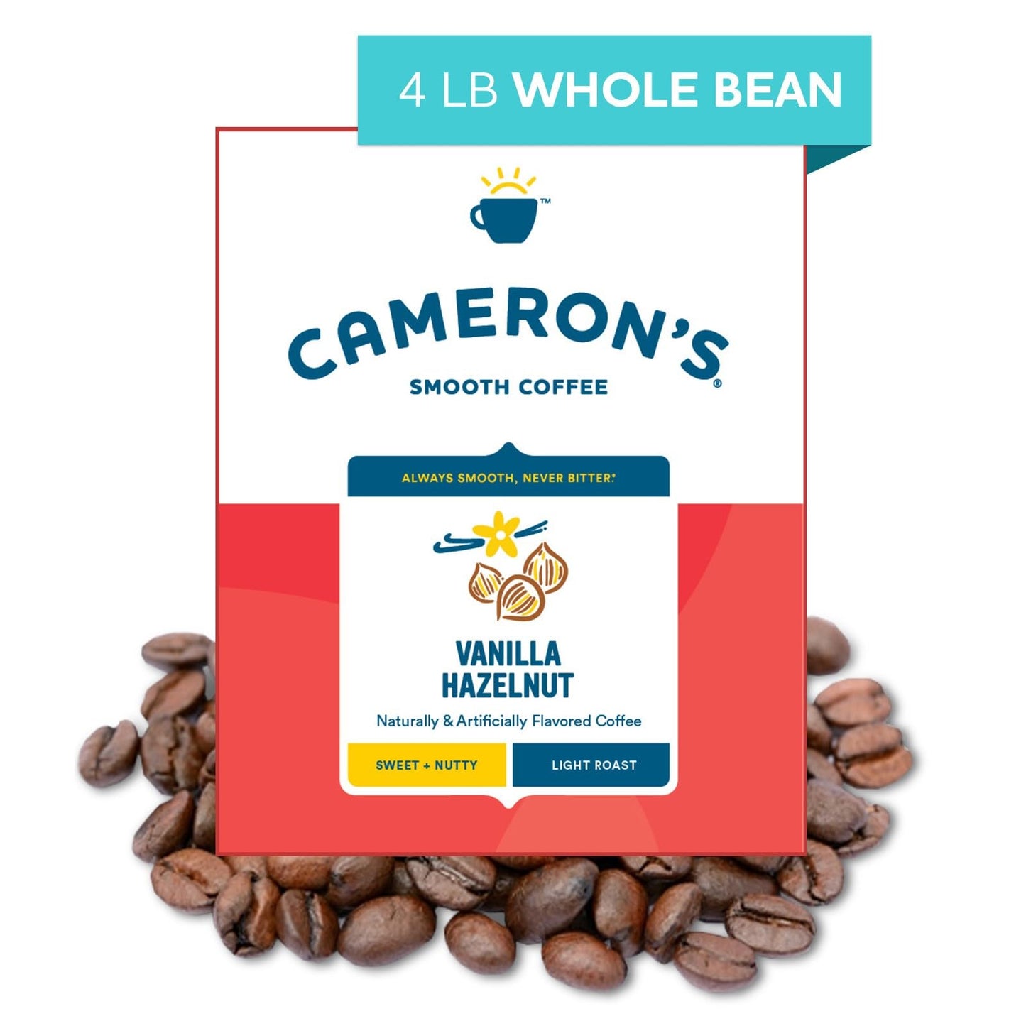 Camerons Coffee Vanilla Hazelnut Flavored Whole Bean Coffee, Light Roast, 100% Arabica, Bulk, 4-Pound Bag, (Pack of 1)
