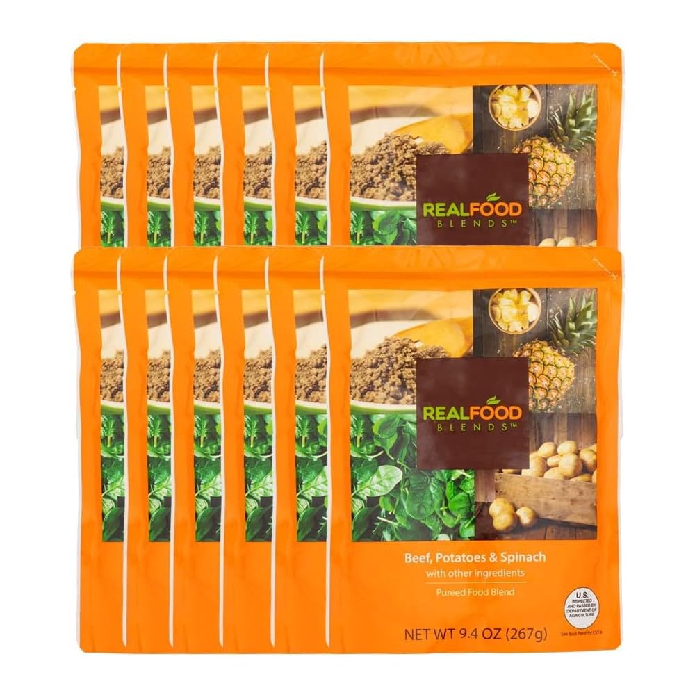 Real Food Blends Beef, Potatoes & Spinach - Pureed Food Meals for Tube Feeding with Protein, Vegetables & Fruits - 330 Calories 