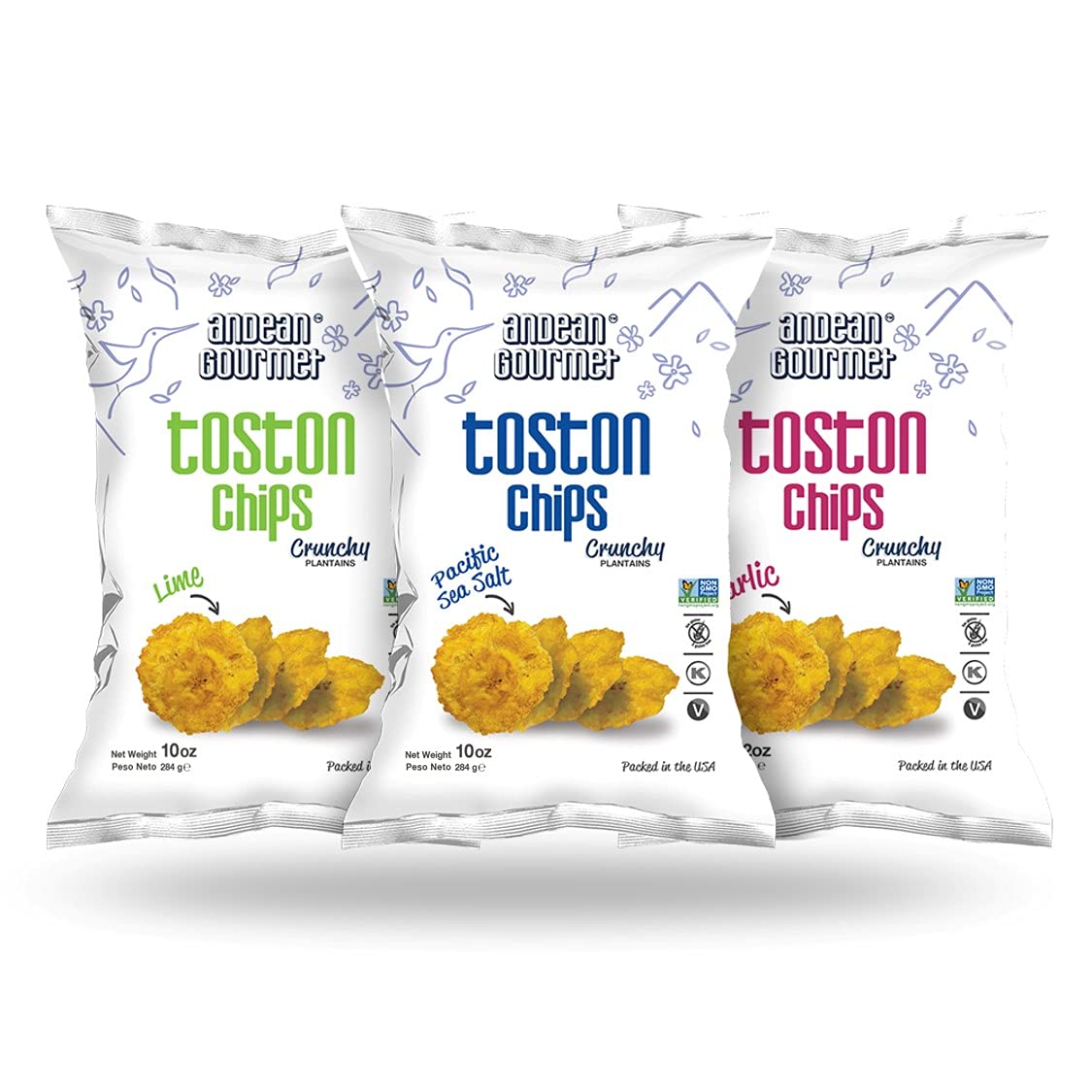 ANDEAN GOURMET Toston Chips 10oz (Pack of 3) Variety (Pacific Sea Salt, Garlic and Lime) - Gluten Free, All Natural, NON-GMO and