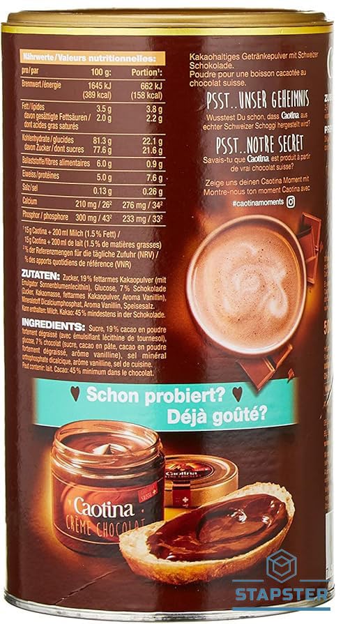 Stapster Caotina (Switzerland) Classic Cocoa Drink With Premium Swiss Chocolate, 500G - Original
