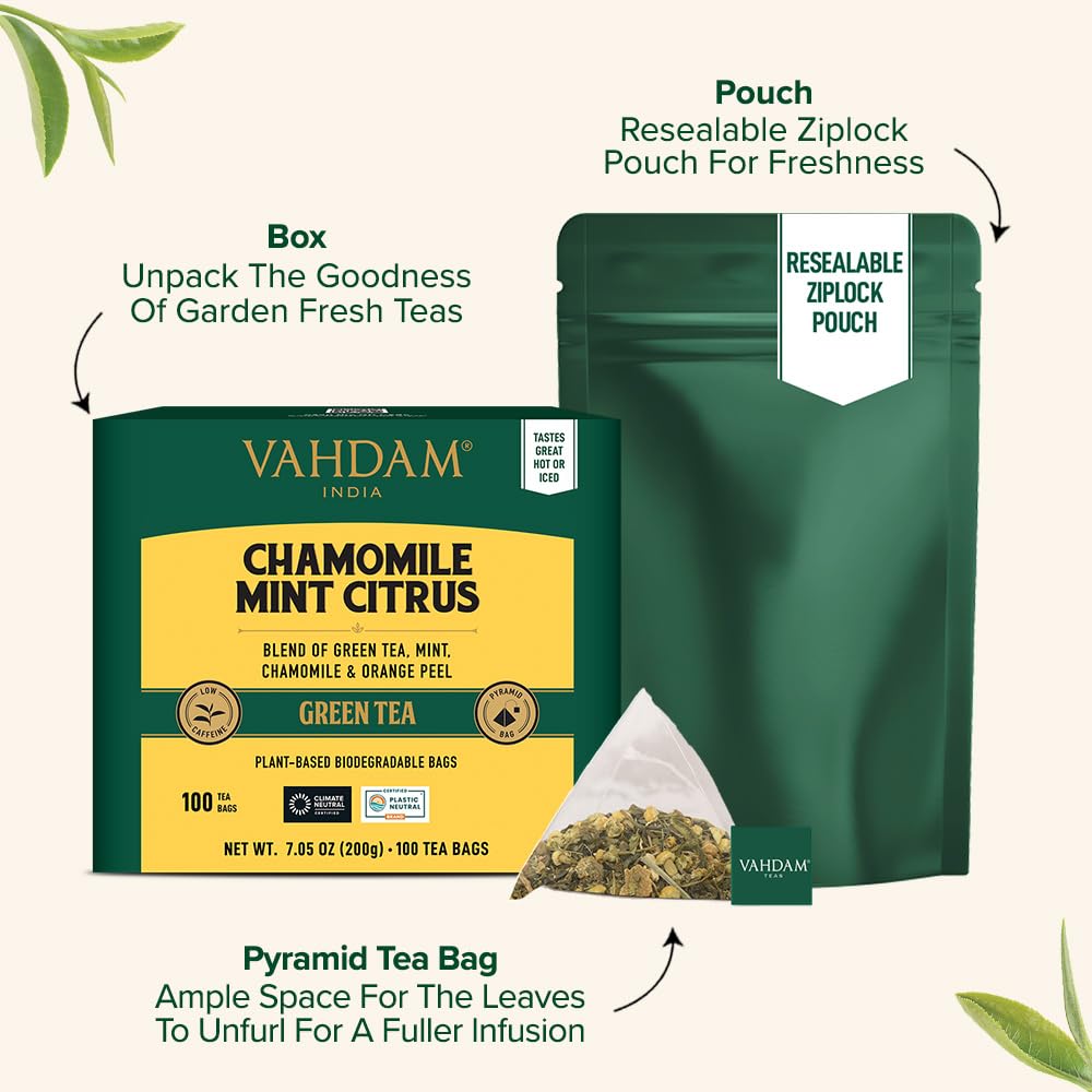 VAHDAM Green Tea Bags, Chamomile with Mint & Citrus, 100 Count, 100% Fresh and Natural