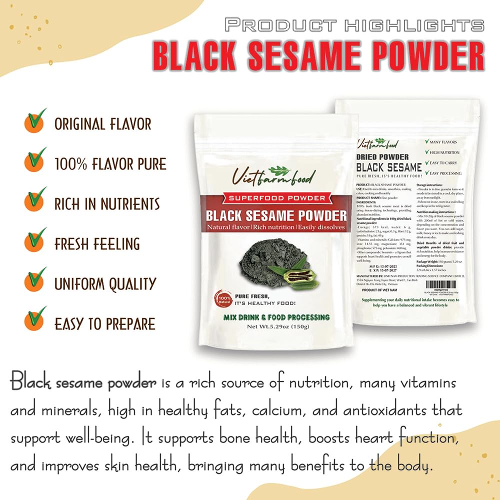VIETFARMFOOD Black Sesame Powder, Pure Freeze-Dried Vegetable Powder, 5.29 oz (150g)