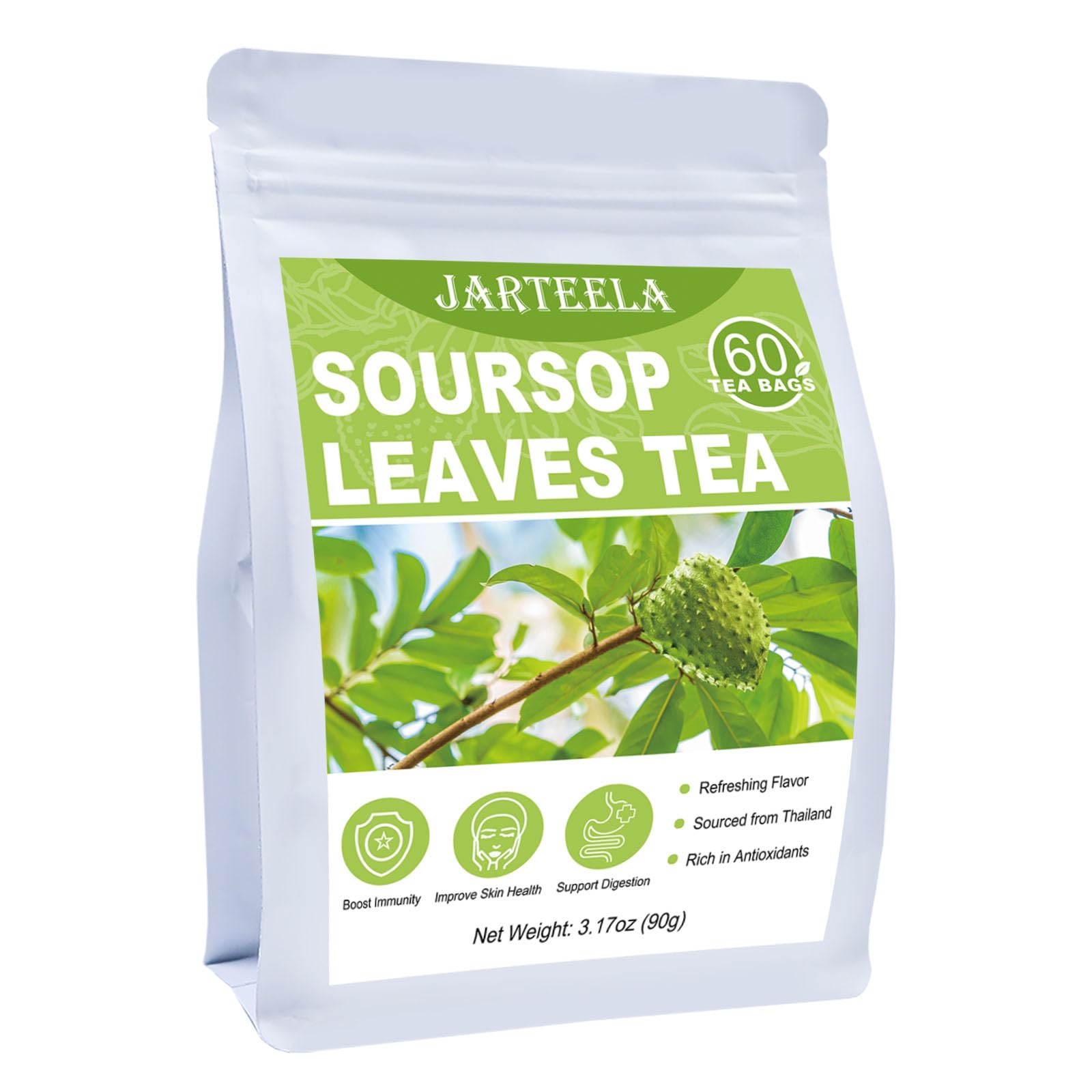 Jarteela Soursop Tea Bags - 1.5g x 60 Count - Non-GMO, Caffeine-free Herbal Tea for Digestive Support and Healthy Skin