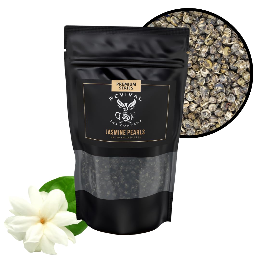 Revival Tea Company Jasmine Tea Pearls - Hand-Rolled Green Tea Scented With Jasmine Flowers - 4.5 Ounces