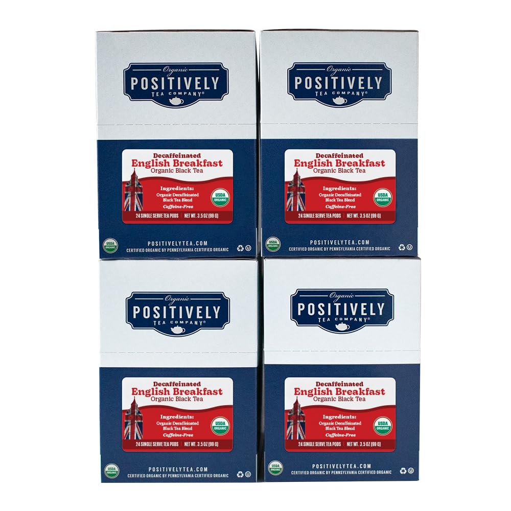 Organic Positively Tea Company Decaf English Breakfast Black Tea - K-Cup Compatible - 96 Pods (Pack of 4)