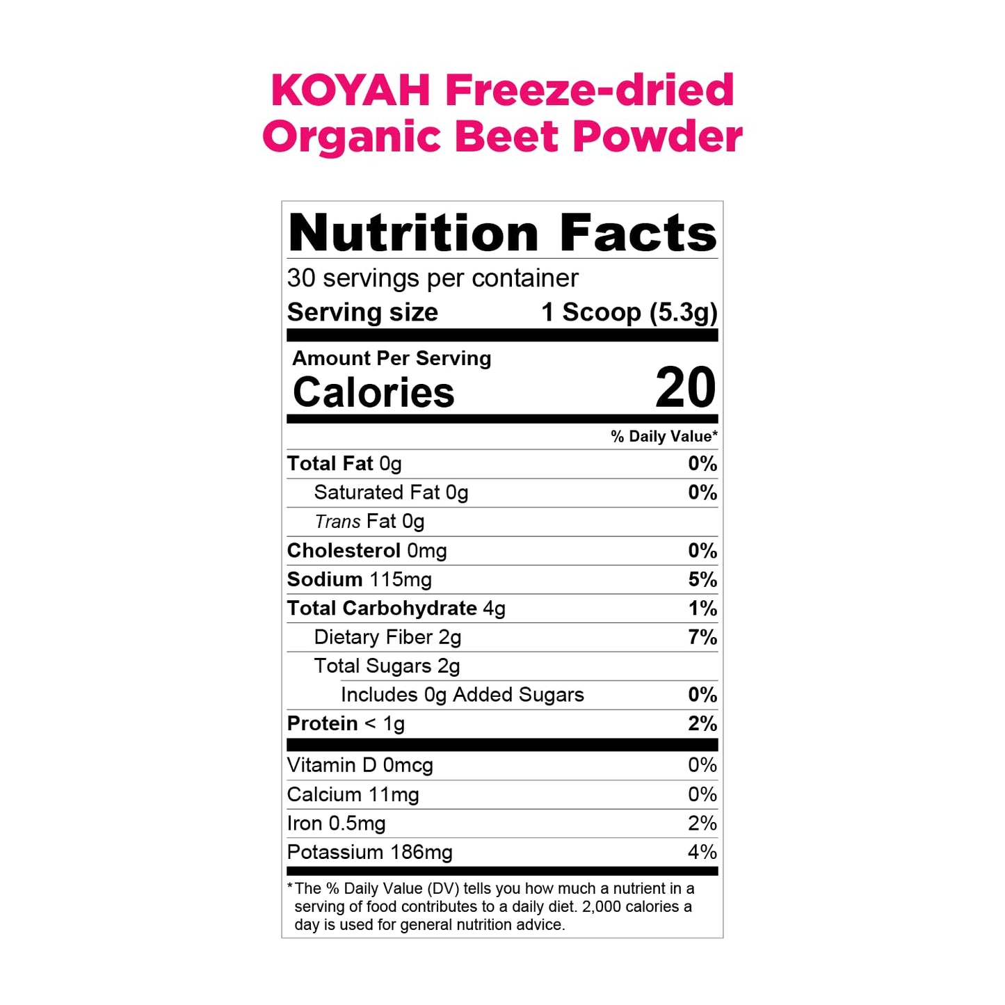 KOYAH - Organic USA Grown Beet Powder (1 Scoop = 1/2 Beet): 30 Servings, Freeze-Dried Beetroot, Whole-Root Powder, Add to Water,