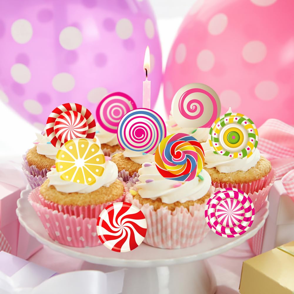 Fyeoxle 36Pcs Edible Candyland Cupcake Toppers Wafer Paper Lollipop Garland Cupcake Decor Wafer Sheet Edible Candy Dessert Picks
