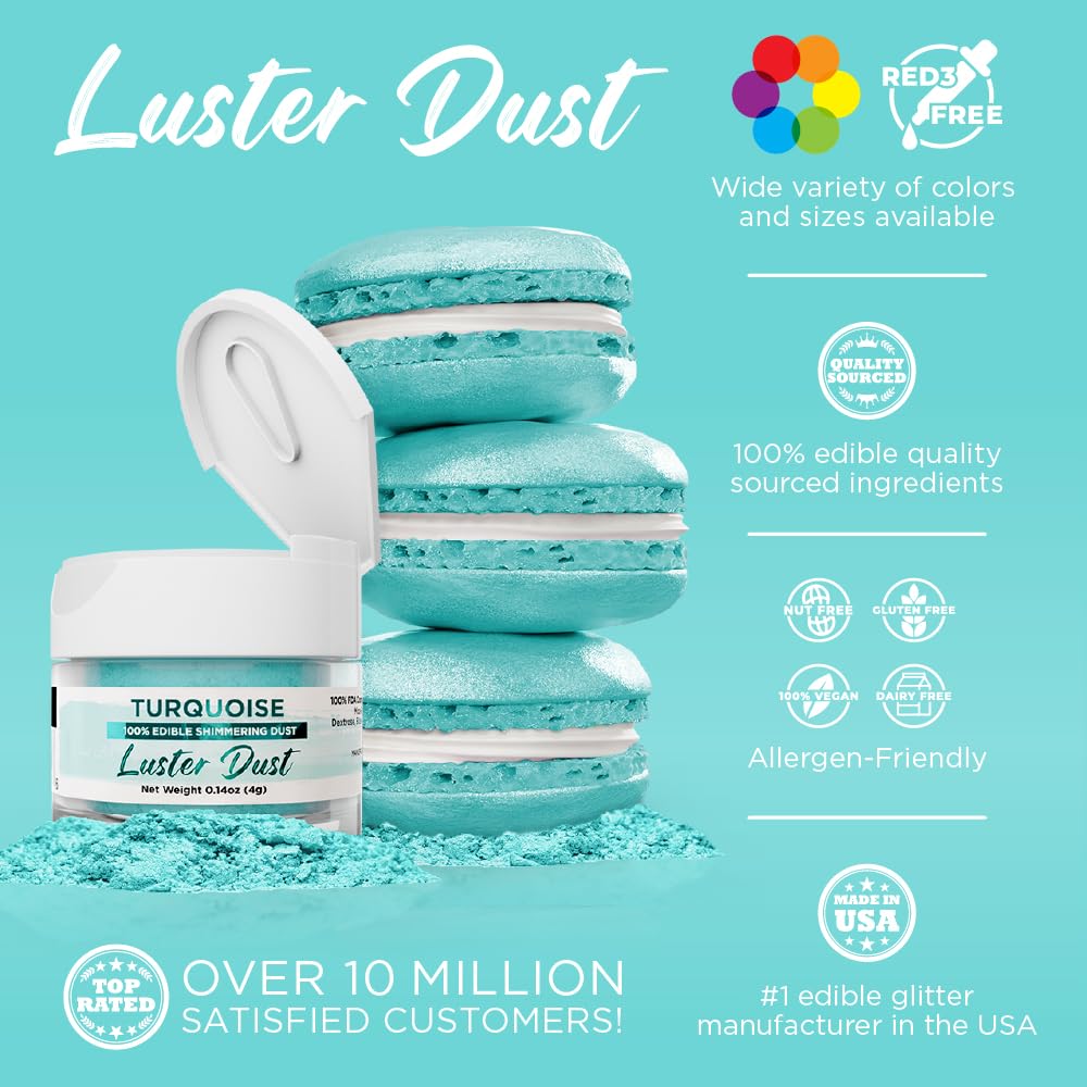 Luster Dust - Turquoise (4G 1X Jar) | Edible Vegan Dust & Paint For Cake Decorating, Ice Cream, Desserts, Cocktails And Beverage