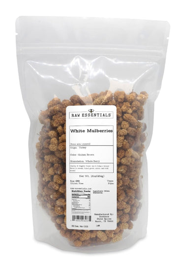 Raw Essentials Dried White Mulberries - Earthy & Slightly Sweet - Perfect For Cereals, Baked Goods, Salads & Trail Mixes - 16 Ou