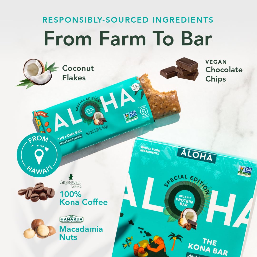 ALOHA Organic Plant Based Protein Bars - Vegan, Low Sugar, Gluten Free, 6 Count, 1.98oz, Brown