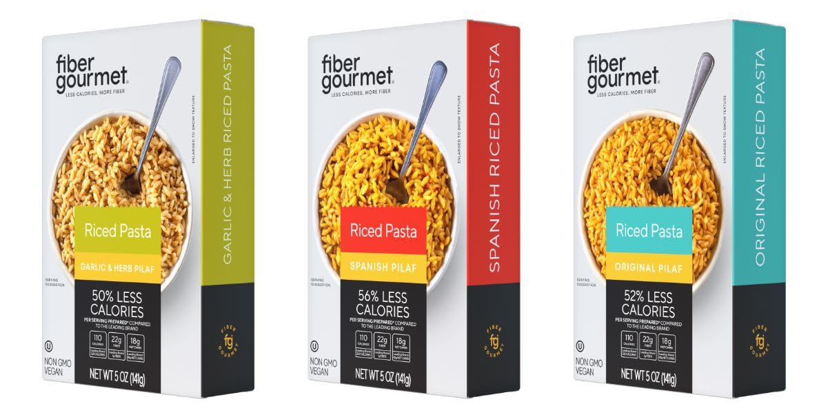 Fiber Gourmet Pilaf Riced Pasta, 3-Flavor Bundle Riced Pasta (Original, Spanish, Garlic And Herb), Pack Of 3 X 5 Ounces (141G)