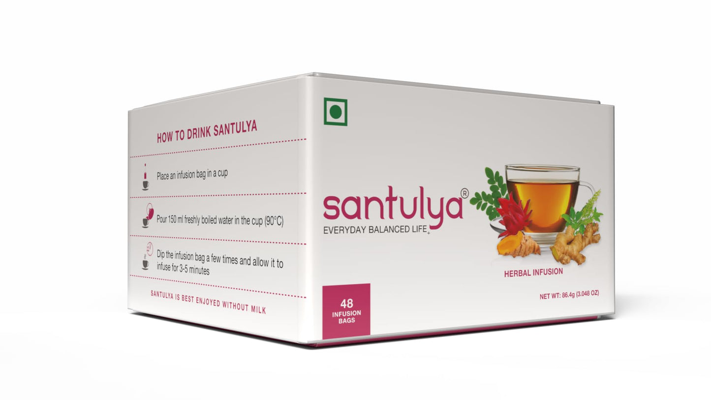 SANTULYA Herbal Tea - Turmeric, Tulsi, Moringa, Hibiscus, Ginger, 48 Count, Natural, Non-GMO, No Preservatives