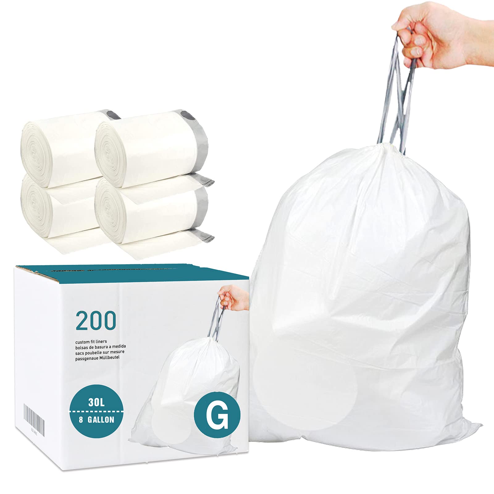 Code G (200 Count) 8 Gallon/30 Liter Heavy Duty Drawstring Plastic Trash Bags  1.2 Mil Reliable1St Compatible With Simplehuman C