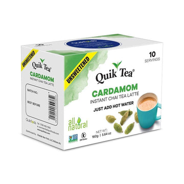 Quiktea Unsweetened Cardamom Chai Tea Latte - 10 Count Single Box - All Natural Preservative Free Authentic Chai