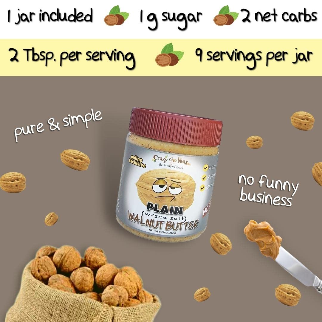 CrazyGoNuts Walnut Butter - Plain with Sea Salt, Keto, Vegan, Gluten Free, 9.25 oz