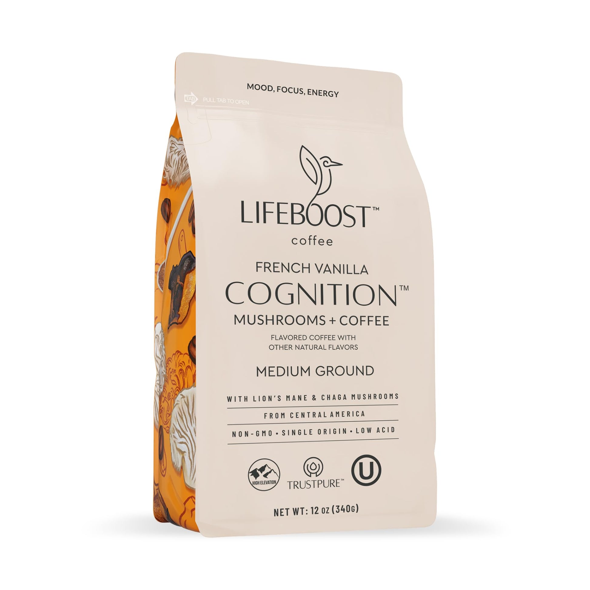 Lifeboost French Vanilla Cognition Mushroom Coffee - Low Acid Medium Organic Coffee with Nootropic Lions Mane & Chaga Mushrooms 