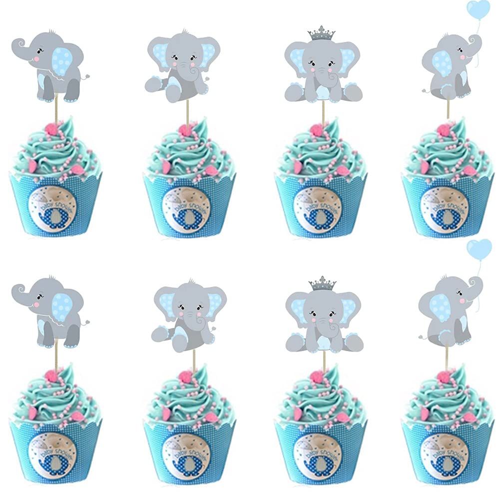 Morofme 48pcs Elephant Cupcake Toppers, Double-Sided, Cardboard, Blue, Model 003, Baby Shower, Birthday Party Decorations