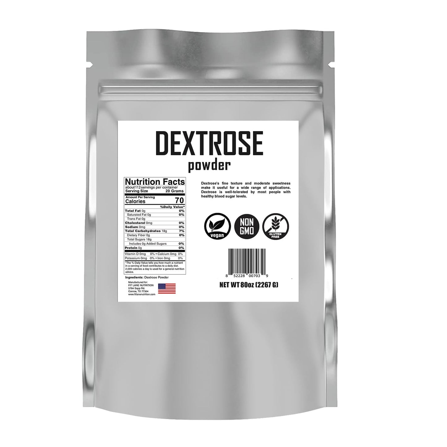Fit Lane Nutrition Bulk Dextrose Powder - Unflavored Food Grade Sugar - 5 lbs - Ideal for Brewing and Baking