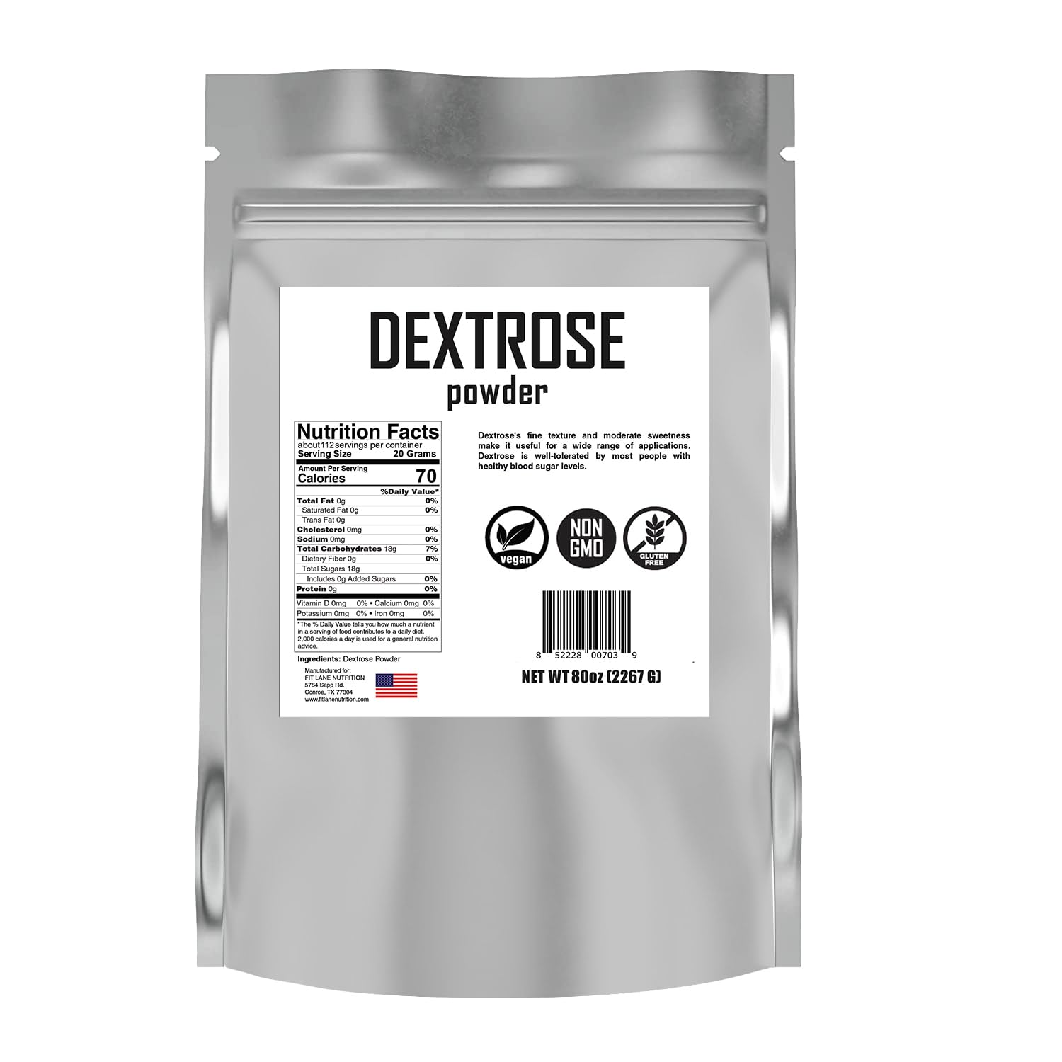 Fit Lane Nutrition Bulk Dextrose Powder - Unflavored Food Grade Sugar - 5 lbs - Ideal for Brewing and Baking