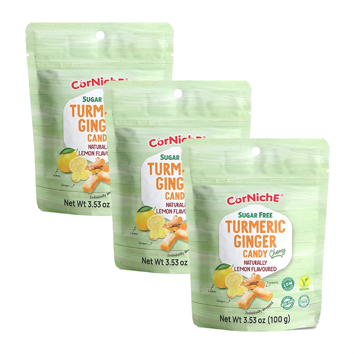 Corniche Sugar Free Turmeric Ginger Candy, Vegan, Gluten Free, Pack of 3, Naturally Flavored, Individually Wrapped
