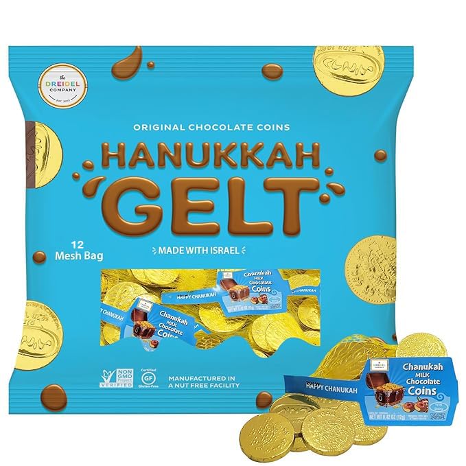 The Dreidel Company Hanukkah Chocolate Gelt, Milk Chocolate Coins, Made In Israel, Kosher Certified Cholov Yisroel Chanukah Coins Box, 0.42 Oz Each (12 Mesh Bags)