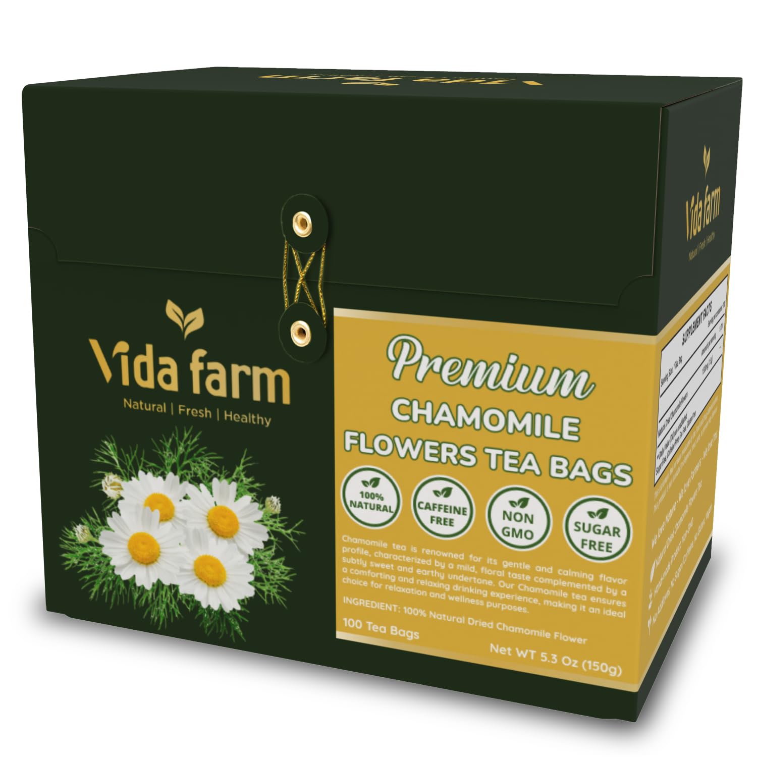 VIDA FARM Chamomile Tea Bags, Dried Herbal Flowers, Caffeine Free, Gluten Free, 100 Count