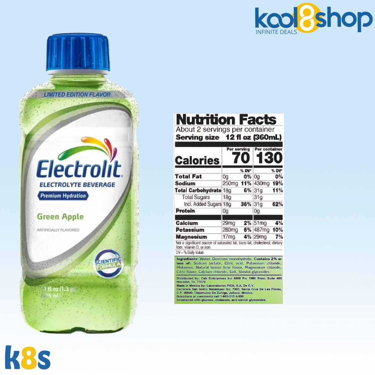 Electrolit Green Apple Hydration Drink With Electrolytes 21 Fl Oz Plastic Bottles 9 Pack + 1 Microfiber Cooling Towel By Kool8Sh