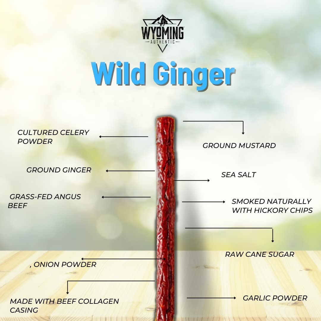 Wyoming All Natural Grass Fed Beef Sticks - Wild Ginger Flavor - Nitrate Free Jerky Meat Sticks - No Artificial Ingredients - Cl