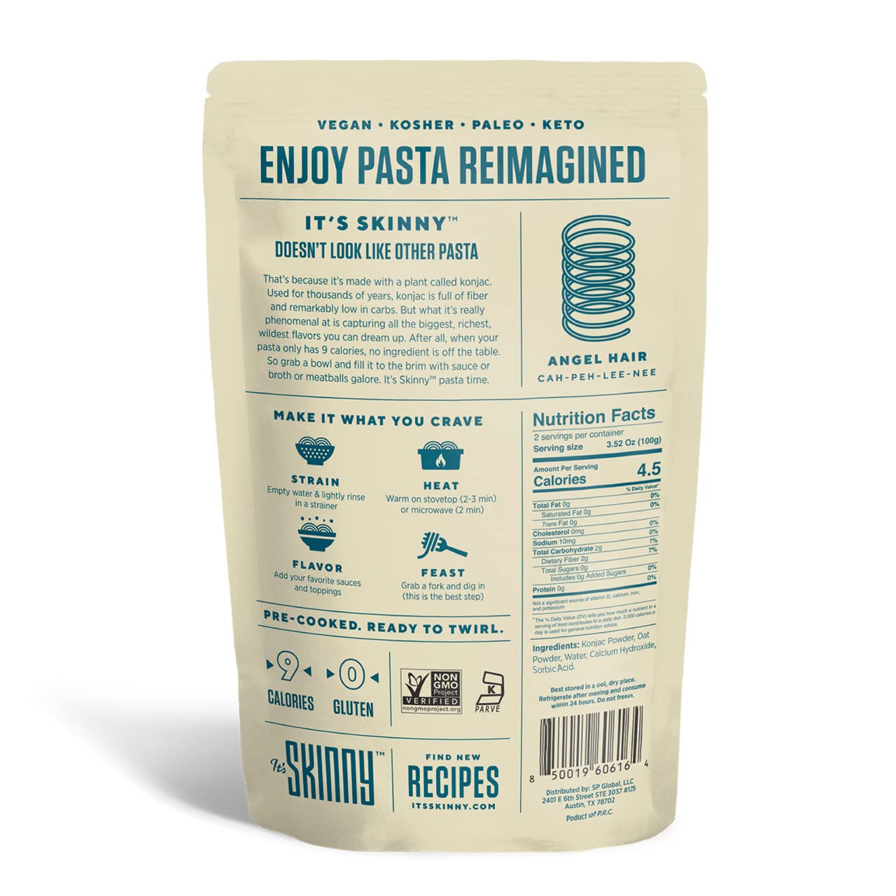Its Skinny Angel Hair - Healthy, Low-Carb, Low Calorie Konjac Pasta - Fully Cooked And Ready To Eat Shirataki Noodles - Keto, Gl