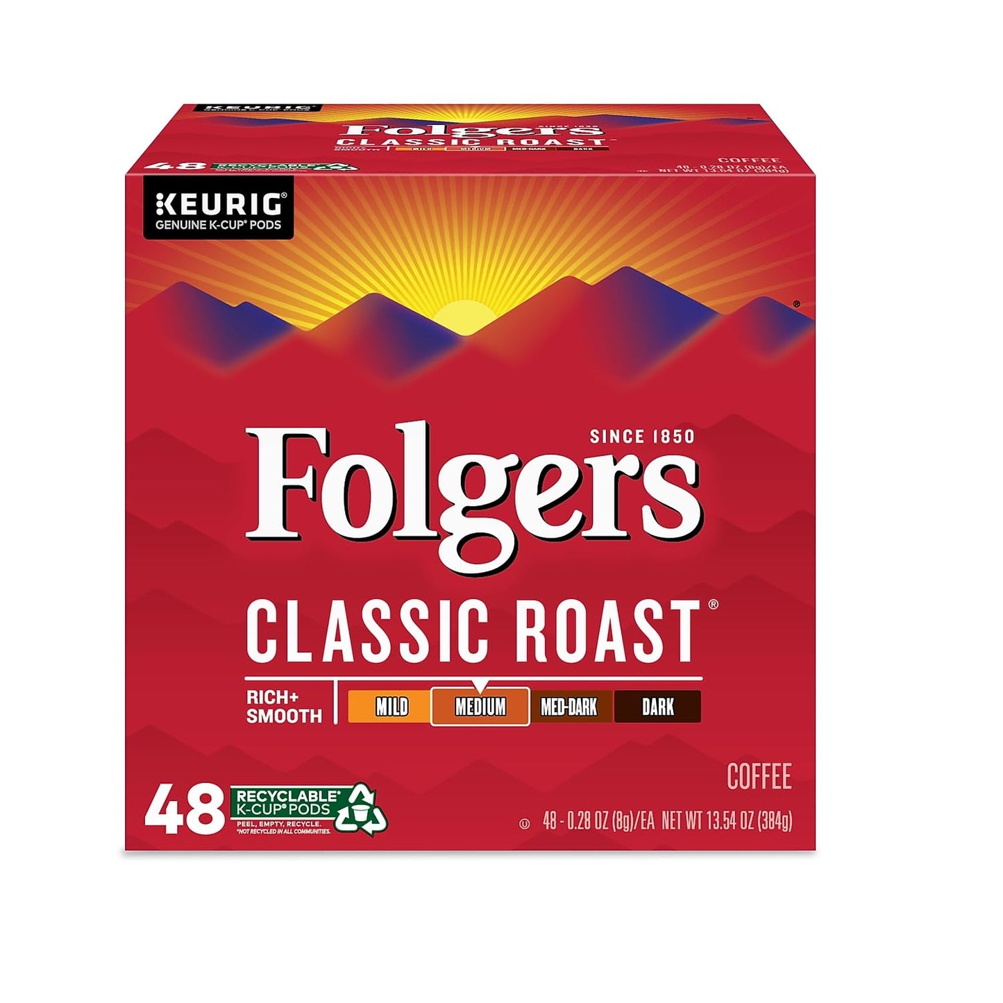Folgers Classic Roast Coffee, Medium Roast, K Cup Pods For Keurig Coffee Makers, 48Count