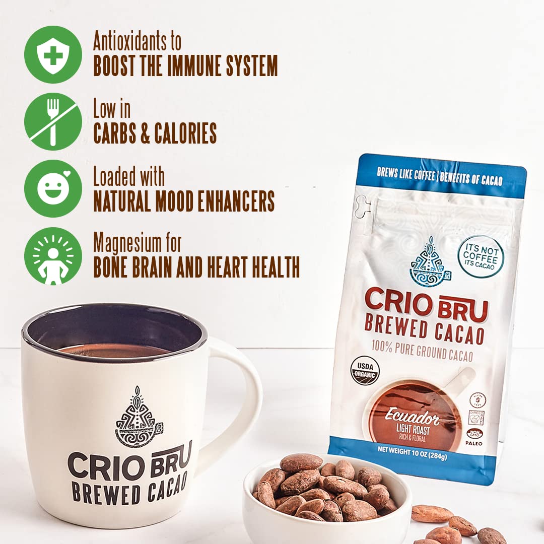 Crio Bru Brewed Cacao Coffee Alternative - Mocha Flavor, 10 Ounce, 99.99% Caffeine Free, Keto, Low Carb, Brew Hot or Iced