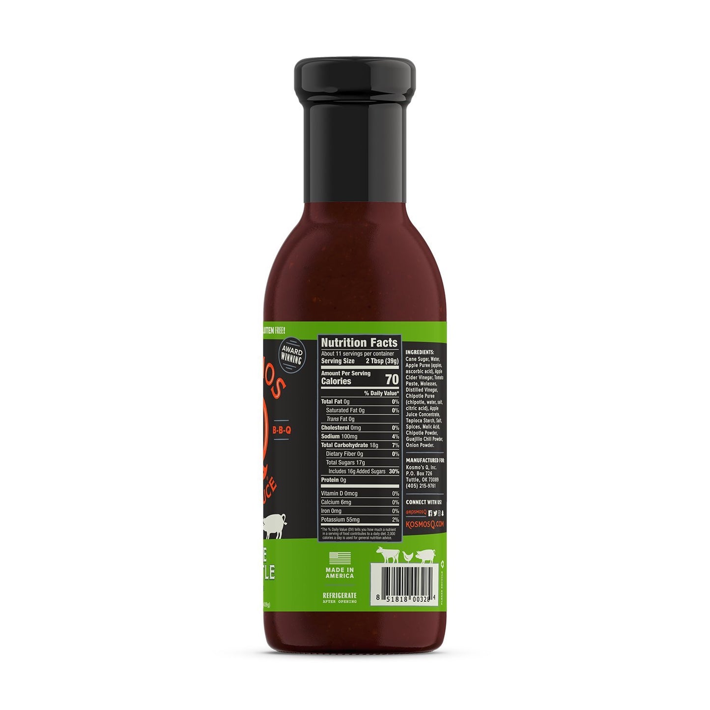 Kosmos Q Sweet Apple Chipotle BBQ Sauce - Gluten Free, Apple-Infused, Spicy Kick, 15.5 oz