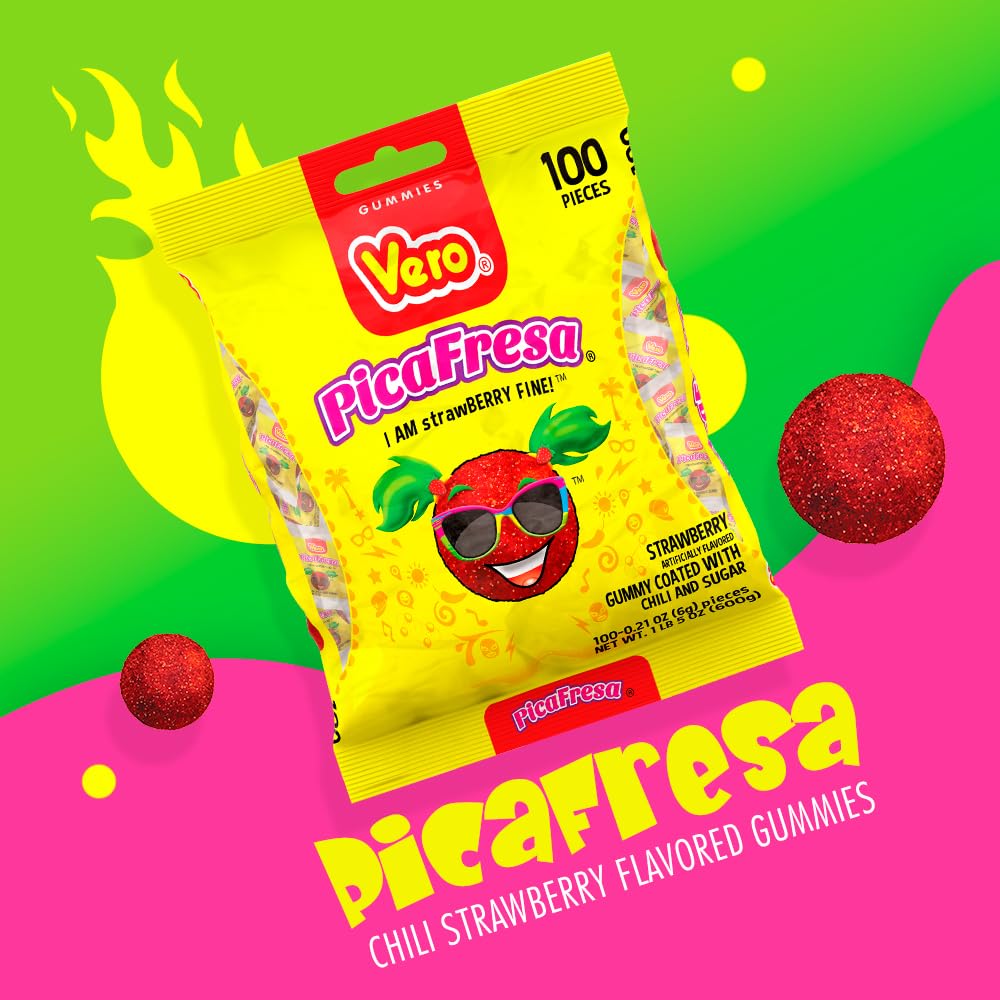 Vero Pica fresa - Strawberry Flavored Chewy Gummy Candy  - 100 Piece (Pack of 1)- (1 Lb  5.15 Ounces Each) - Individually Wrapped Mexican Candy Perfect for Piatas  Halloween  and More