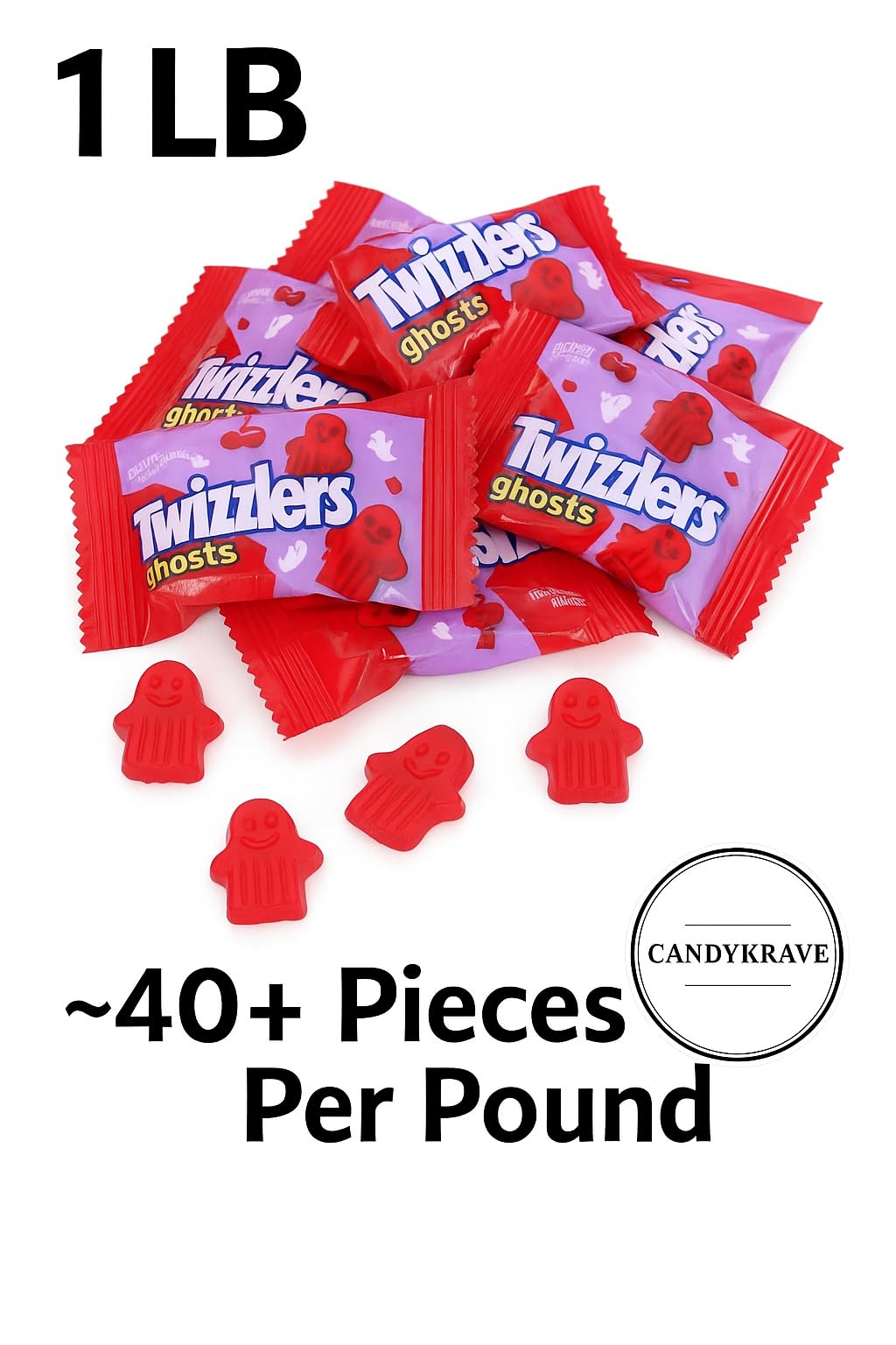Twizller Ghosts - Cherry Flavor - Fun Size Chewy Bites, Individually Wrapped Licorice-Style Treats, 1 lb Bag, Perfect for Hallow