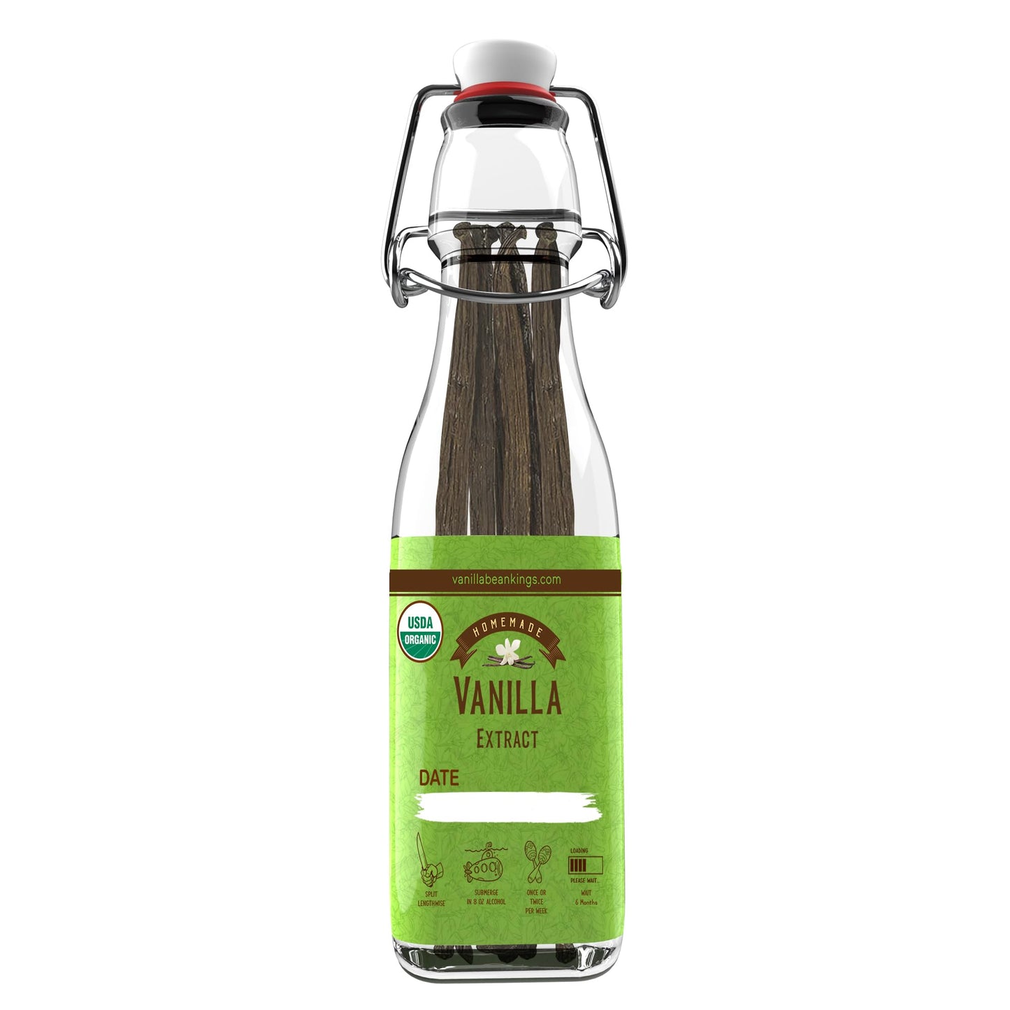 Vanilla Bean Kings Homemade Vanilla Extract Kit, 1 oz Organic Madagascar Vanilla Beans, 8.5 oz Glass Bottle, Black/Dark Brown